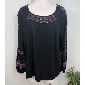 J. Jill Womens Black Embroidered Balloon Sleeve Cotton Blend‎ Top